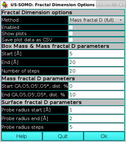 SOMO Fractal Dimension Calculator Options