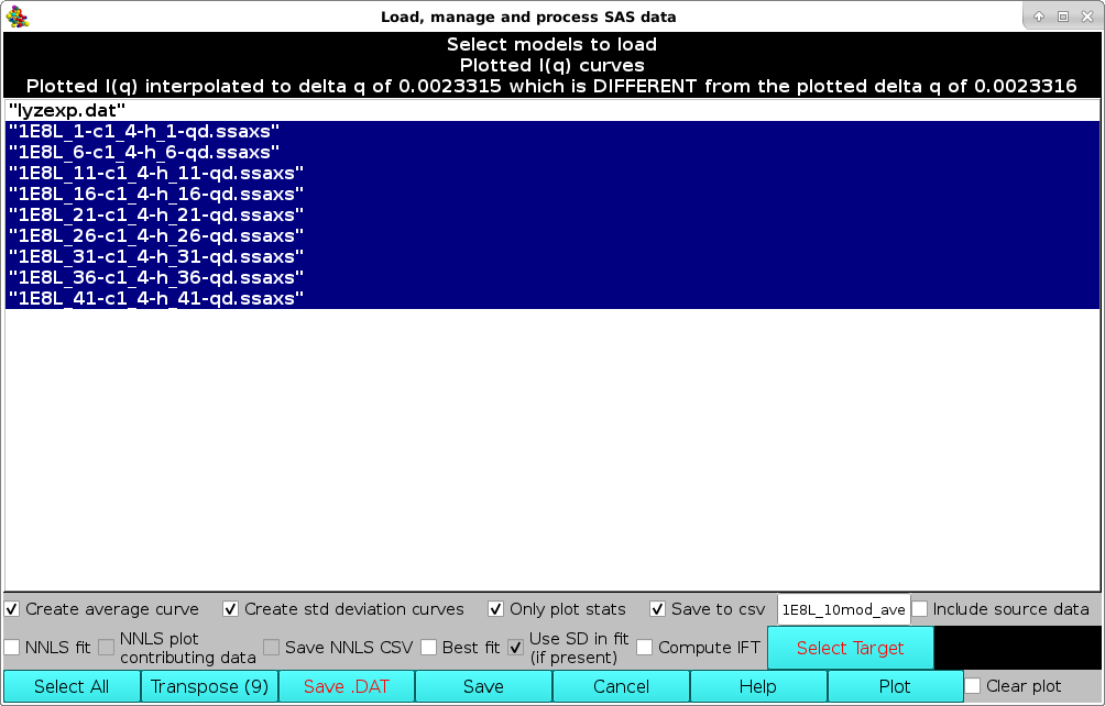 SOMO SAXS I(q) Expt. SAXS CSV file loader average selected